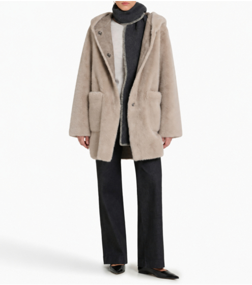 Ζακέτα σε Faux Shearling με Κουκούλα